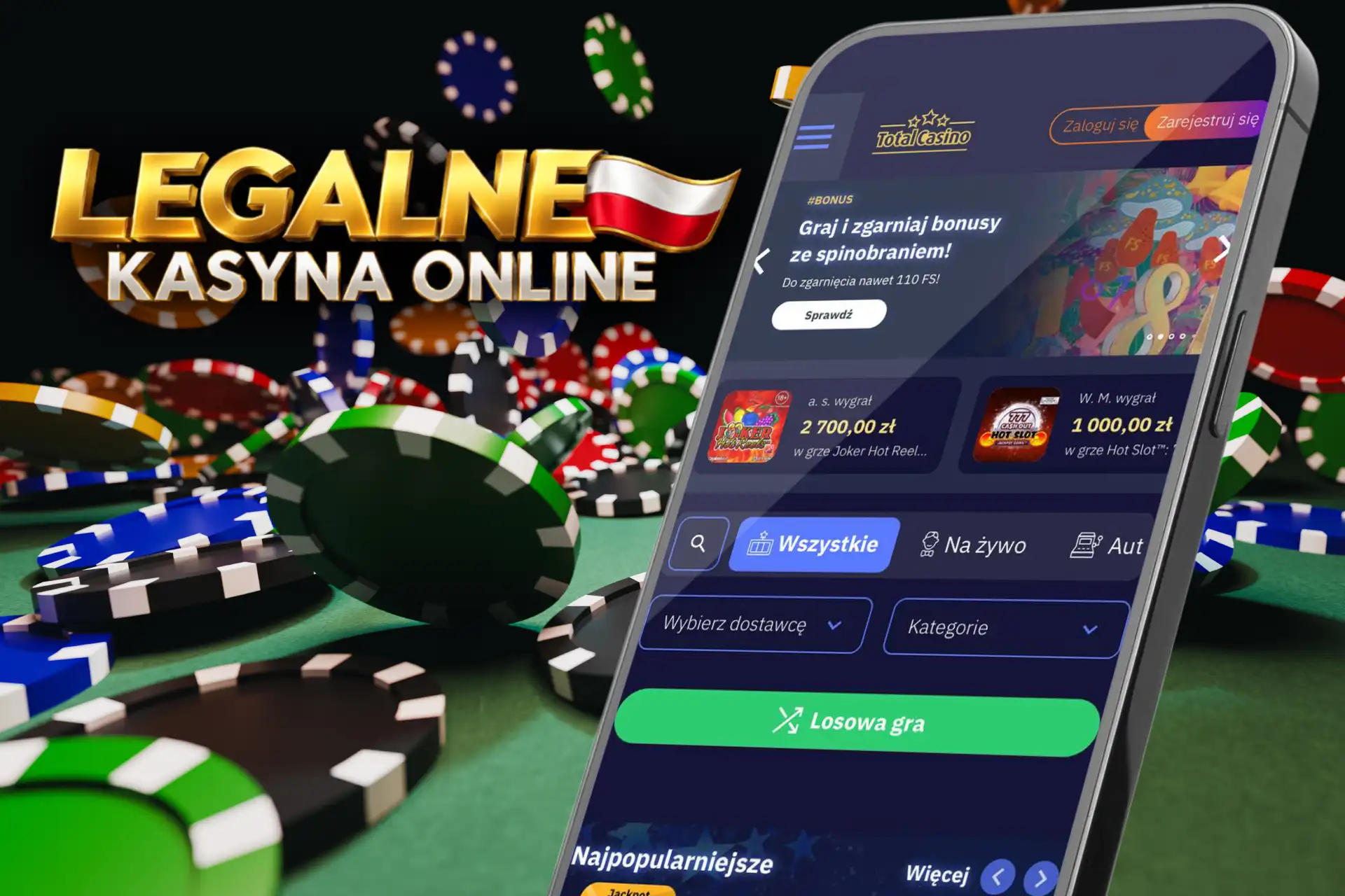 Recenzja Total Casino na portalu Legalne kasyna online, zaprezentowana na ekranie smartfona na tle stołu z żetonami do gry.