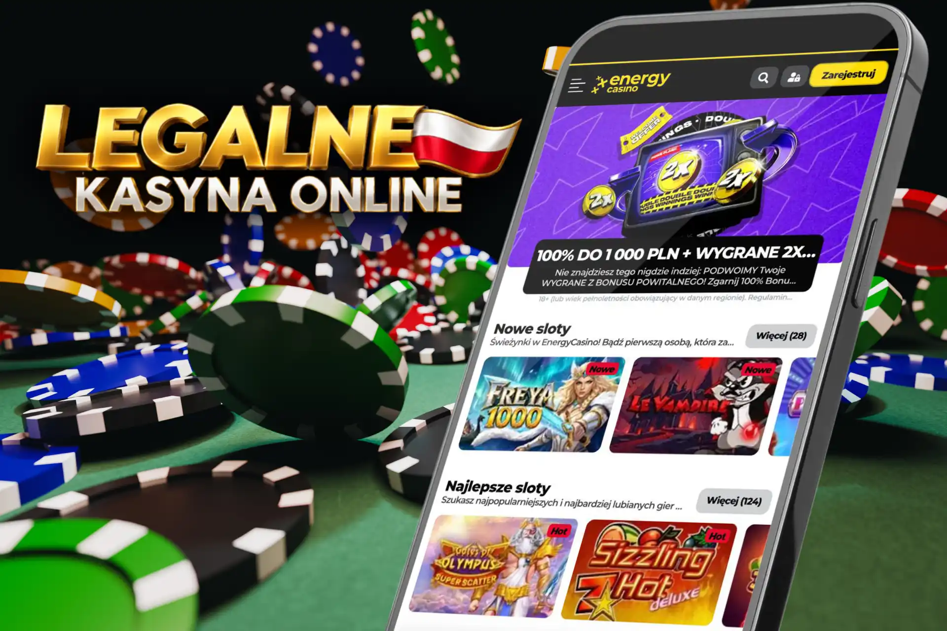 Oferta powitalna i automaty online w EnergyCasino, widoczne na wyświetlaczu telefonu otoczonego kolorowymi żetonami kasynowymi.