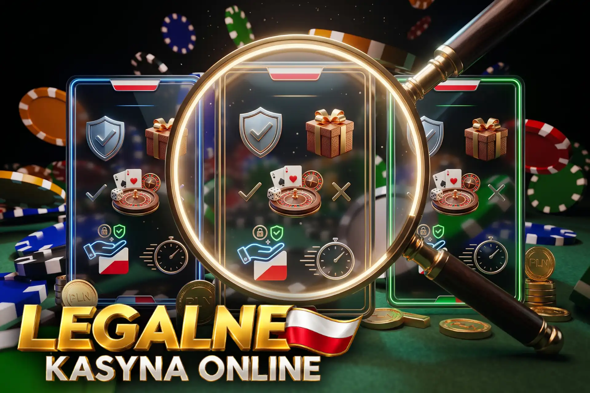 Rzetelne recenzje serwisów na portalu Legalne kasyna online, przedstawione za pomocą lupy badającej szklane karty z symbolami ruletki i wypłat PLN.