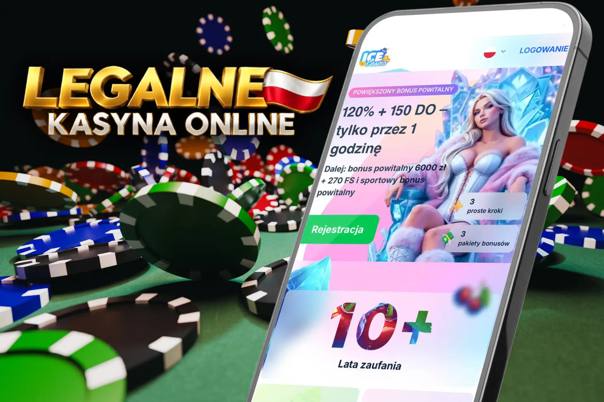 Powiększony bonus powitalny i gry w Ice Casino, przedstawione na ekranie smartfona leżącego na zielonym suknie z żetonami.