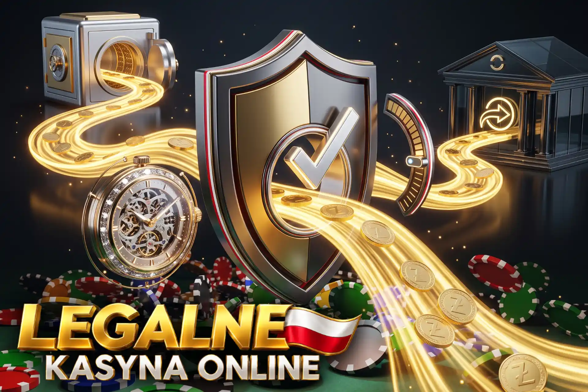Błyskawiczne i bezpieczne wypłaty w serwisie Legalne kasyna online, ukazane jako strumień monet zł płynący z sejfu przez tarczę do banku.